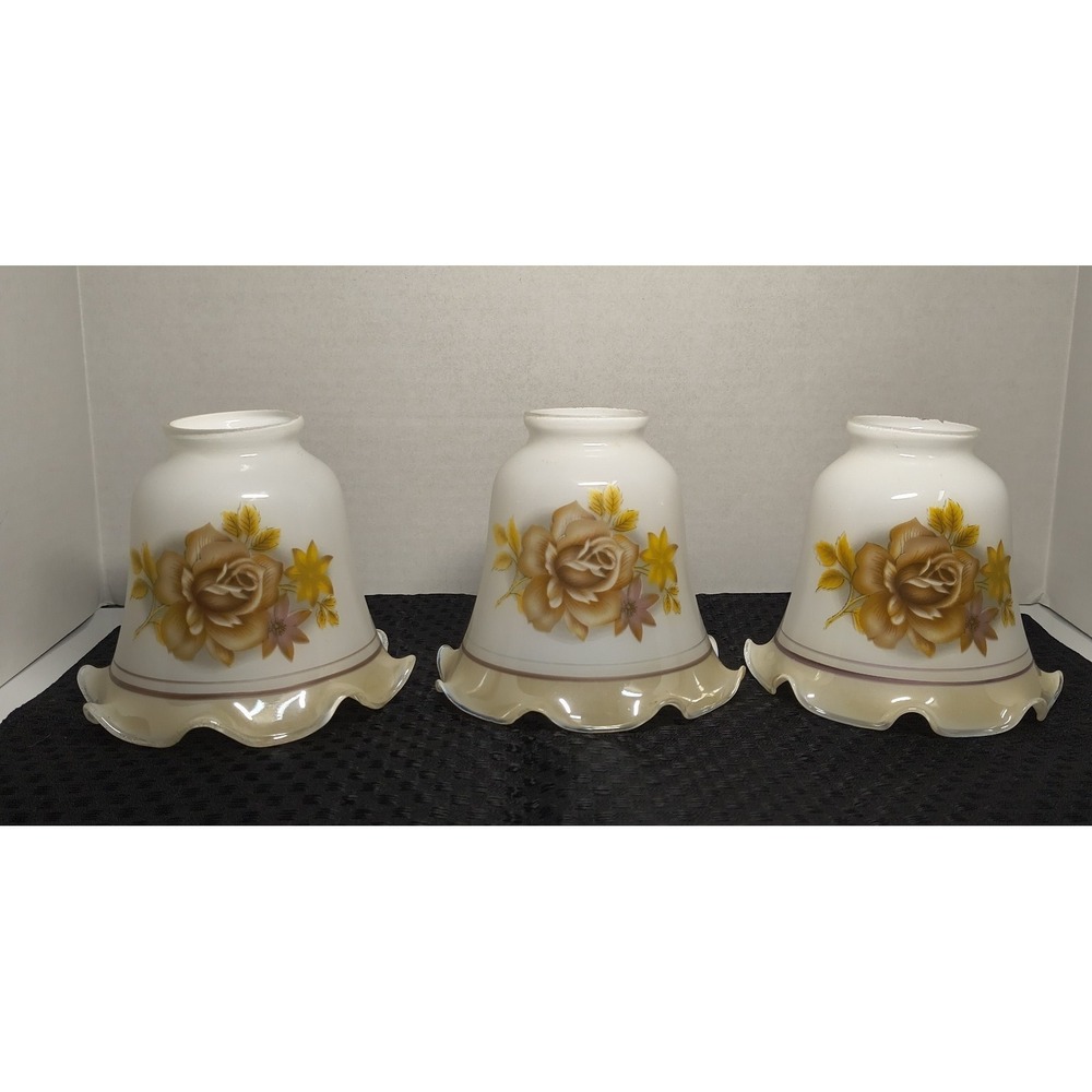 3 Chandelier Lustre Milk Glass Replacement Lamp Shade Tan Brown Rose Floral